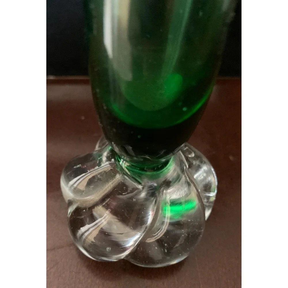 Vintage Bud Green Vase Round Weighted Clear Base Hand‎ Blown Swedish Made